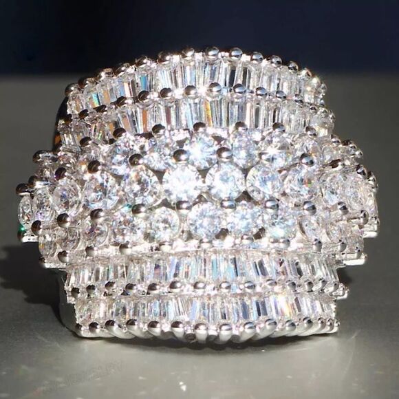 Jewelry - 💎0132💎 STUNNING SILVER PLATED WIDE BAND PAVE BAGUETTE DIAMOND RING